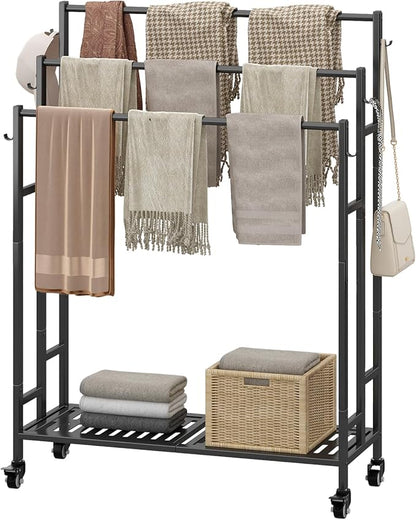 SORCEDAS Towel Rack 3 Tier Free Standing Metal Towel Stand with Storage Shelf and Wheel for Extra Large Towel Blanket Drying (Black)