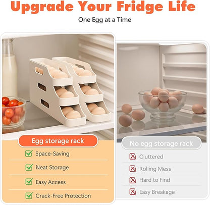 Li&Zhao Rolling Egg Dispenser for Refrigerator - Automatic Egg Holder for Fridge Space Saving Egg Tray Organizer for Countertop, Kitchen Storage(White)