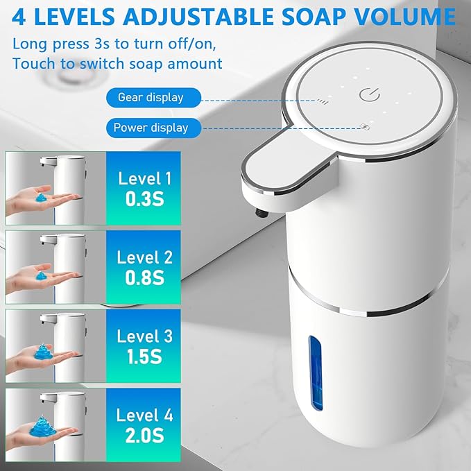 Automatic Soap Dispenser Touchless, USB Rechargeable Automatic Liquid Soap Dispenser, 12.8oz/380mL, 4 Level Adjustable, 1500mAh Smart Wall Mounted for Bathroom Kitchen Dish/Hand Soap
