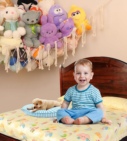 Stuffed Animal Storage Hammock or Net, Large Toy Hammock Net, Macrame Handmade Corner Hanging Plushie Net, Cute Boho Toy Organizer for Nursery, Playroom, Bedroom and Kids Room Decoration
