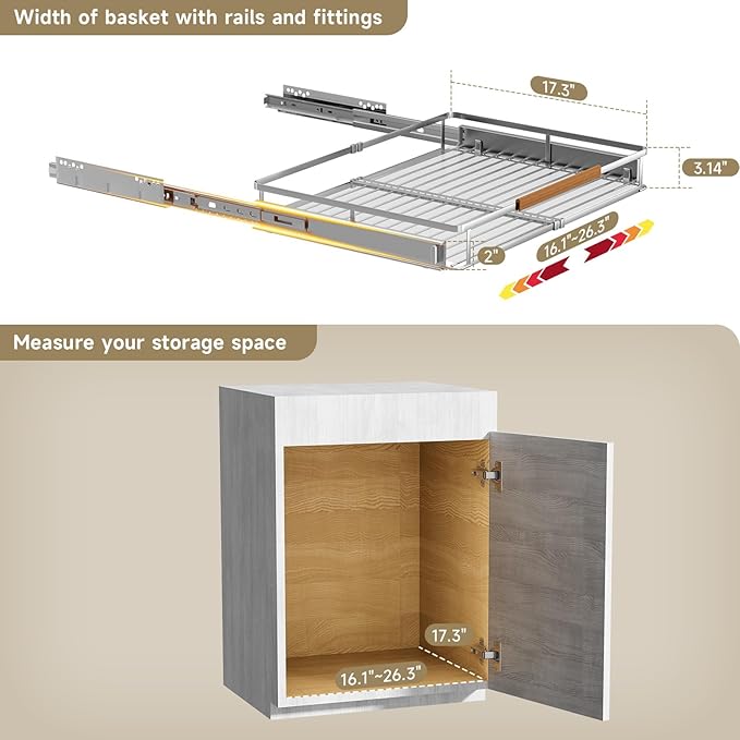 taiheis 2 Pack Expandable Pull Out Cabinet Organizer，Side Mounting 16.3~26.3"x17.3"Cabinet Pull Out Shelves, Expandable Slide Out Spice Rack for Kitchen Bathroom Office