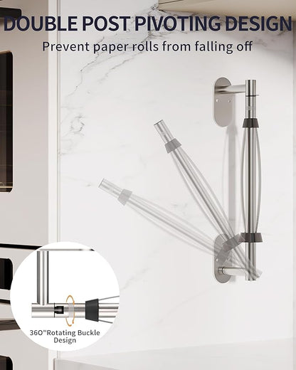 Paper Towel Holder Under Cabinet, Self Adhesive or Wall Mount for Kitchen Bathroom, Stainless Steel Paper Towel Holders with Damping Effect, Single Hand Operable (Silver)