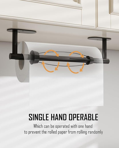 Paper Towel Holder Under Cabinet, Single Hand Operable Roll Holder with Damping Effect,No Drilling or Wall Mounted SUS304 Stainless Steel for Kitchen Bathroom (Matte Black)