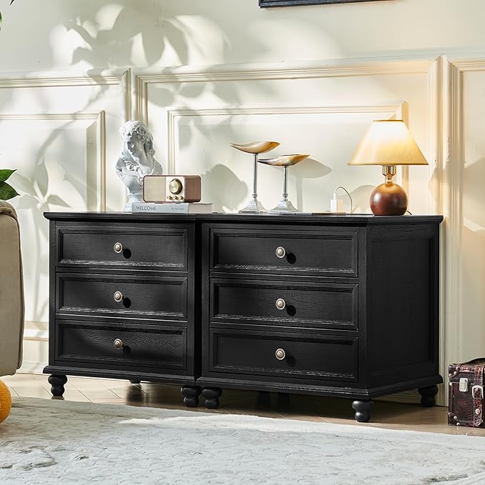 Joaxswe Farmhouse Nightstand with Charging Station, 24" Wide End Table with 3 Drawers,Wood Dresser Cabinet for Bedroom, Bed Side Table Chest of Drawers,Night Stand for Living Room, Closet,Black