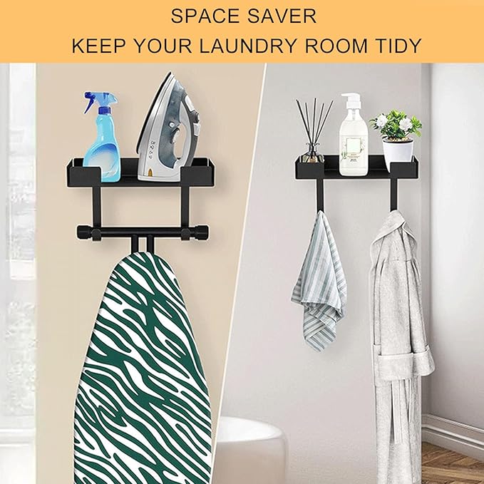 Ironing Board Hanger Wall Mount, Carbon Steel Iron Board Holder with Metal Basket and Hooks for T and Y Shaped Boards, Space Saving Laundry Room Organizer