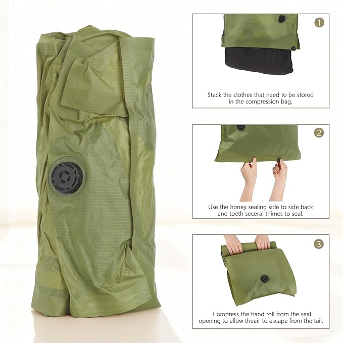 Reusable Fabric Vacuum Seal Bags for Clothing – Large Compression Travel Essentials with No Pump – Manual Exhaust, Tear-Resistant Oxford Cloth for Luggage, Closet & Organization (Military Green-2L)