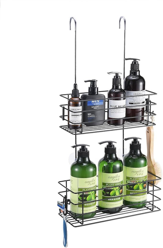 Seltomer Shower Organizer Hanging Shower Caddy with Rotatable Hook bar Over the Door and Can be Hung on the Faucet or Claw Foot, Stainless Steel Rust Proof and Durable （Black）