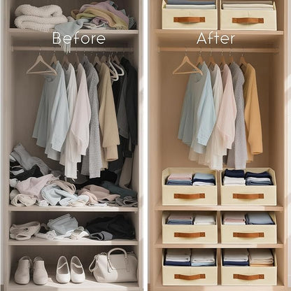 Fabric Storage Bins for Organizing - 10 Pack Large Trapezoid Collapsible Storage Bins with Front Handle, Closet Organizers and Storage for Bedroom, Home Shelves, Small Spaces, Beige
