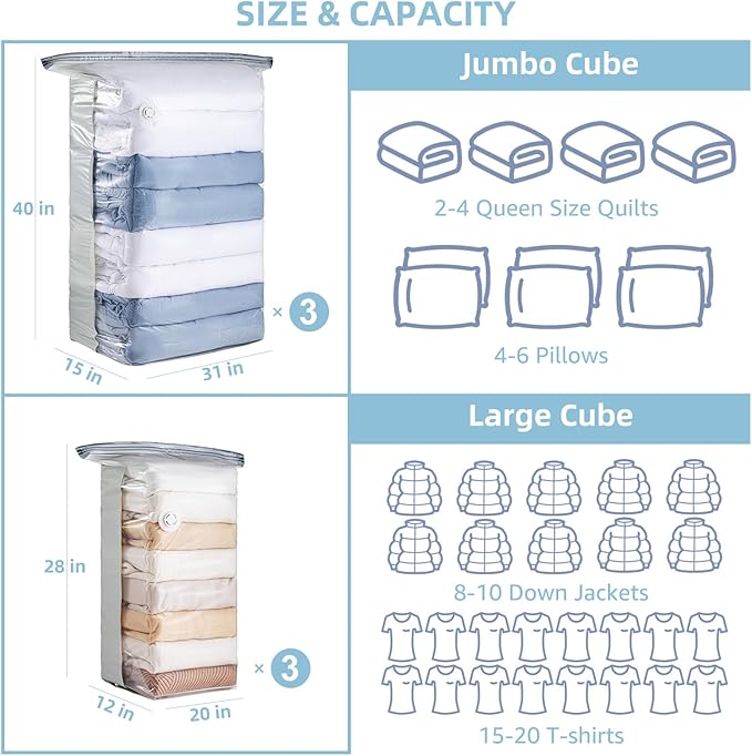 TAILINK 6 Pack Vacuum Storage Bags, Cube Combo (3 Jumbo+3 Medium), Vacuum Seal Bags for Clothing, Bedding, Blanket, Space Saving Closet Organization