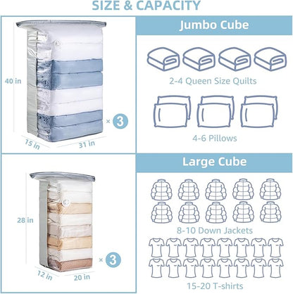 TAILINK 6 Pack Vacuum Storage Bags, Cube Combo (3 Jumbo+3 Medium), Vacuum Seal Bags for Clothing, Bedding, Blanket, Space Saving Closet Organization