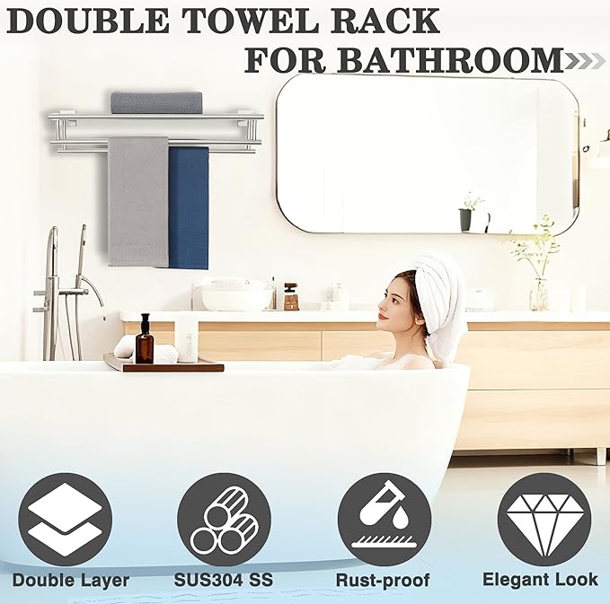 Alise Towel Rack,Towel Holder Towel Shelf with Double Towel Bars for Bathroom Lavatory,SUS 304 Stainless Steel Wall Mount Towel Hanger Storage,28 Inch Brushed Nickel,GZ8070-LS