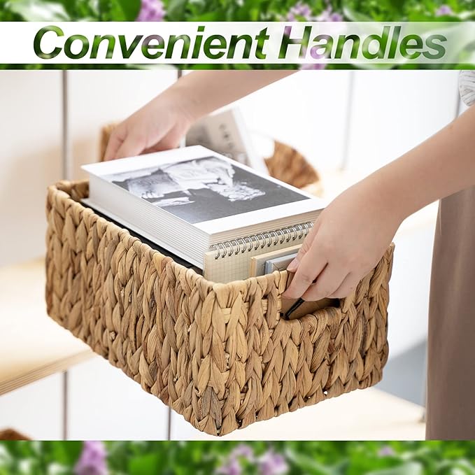 FairyHaus Wicker Baskets 15x11x7 & 13.4x9.5x6.5, 2 Pack Handmade Big Wicker Storage Basket with Handles, Natural Water Hyacinth Wicker Baskets for Storage Shelves Organizing, Rectangle Wicker Basket