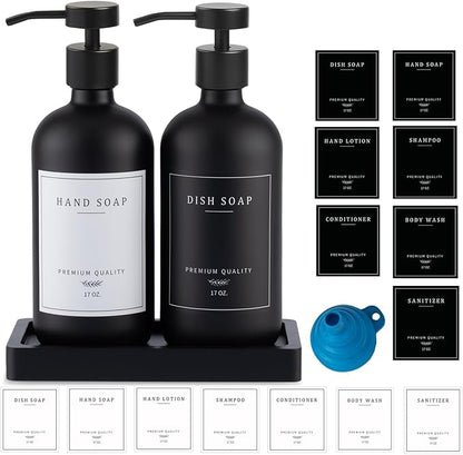 Black Soap Dispenser - Kitchen Hand Dish Soap Dispenser, Glass Bathroom Soap Lotion Dispenser with Tray, Dishwashing Liquid Dispenser, 14 Stickers, Black Bottle/Black Pump-pd
