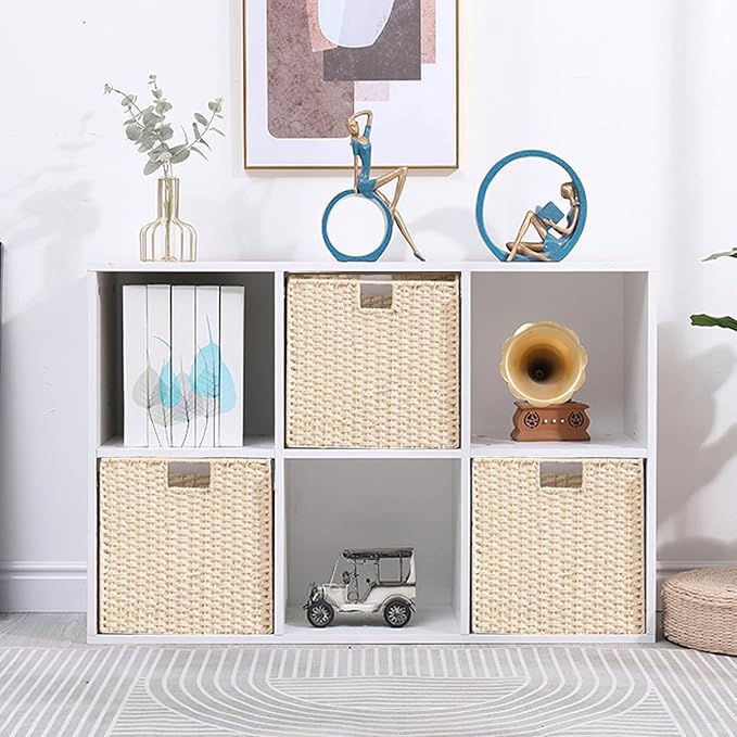 Vagusicc Wicker Storage Basket, Set of 2 Hand-Woven Storage Baskets for Shelves with Handles, Foldable Cube Storage Baskets Bins Organizer, 9 inch Wicker Baskets for Pantry Bedroom Decor, Beige