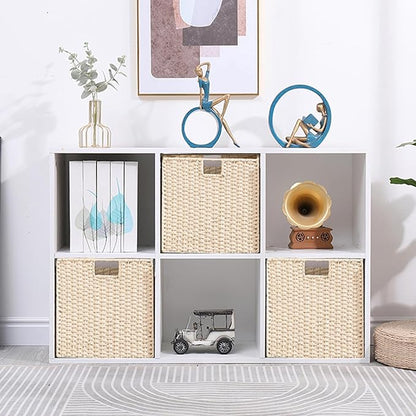 Vagusicc Wicker Storage Basket, Set of 2 Hand-Woven Storage Baskets for Shelves with Handles, Foldable Cube Storage Baskets Bins Organizer, 9 inch Wicker Baskets for Pantry Bedroom Decor, Beige
