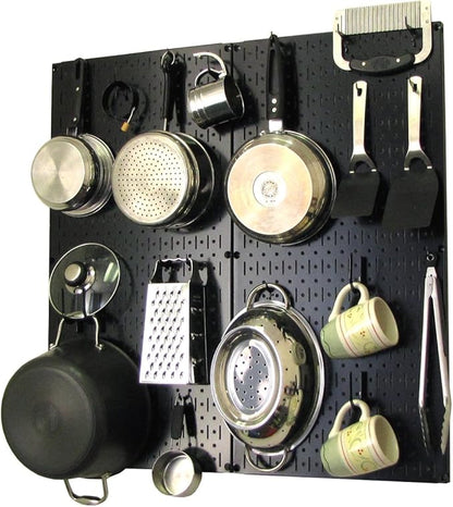 Wall Control Kitchen Pegboard Organizer Pots and Pans Storage Rack Organization Kit with Black Pegboard and Black Accessories