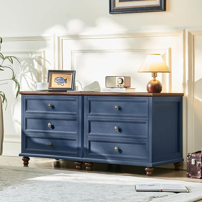 Joaxswe Farmhouse Nightstand with Charging Station, 24" Wide End Table with 3 Drawers,Blue Wood Dresser for Bedroom, Bed Side Table Chest of Drawers Cabinet,Night Stand for Living Room, Closet