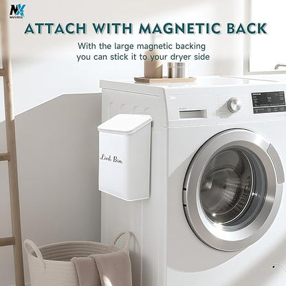 Magnetic Lint Bin for Laundry Room, Wall Mounted Metal Lint Box Holder Trash Can with Lid for Dryer, Lint Basket for Laundry Room Organization,Dryer Trash Can with Soft Lint Brush and Hooks
