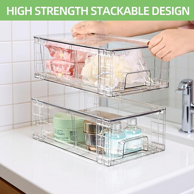 Small Stackable Clear Acrylic Storage Drawers(4 Pack) with Handles,Plastic Organizer Bins for Fridge Bathroom Kitchen Cabinet Pantry Coffee bar Undersink Office Closet Storage Bins
