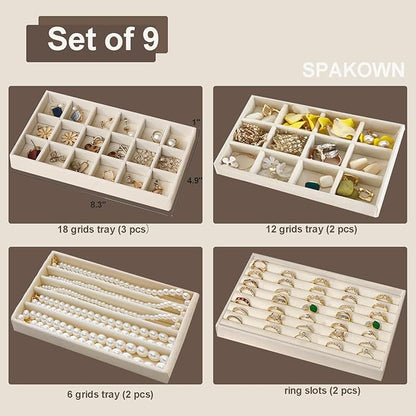 SPAKOWN Jewelry Organizer for Drawer, Adjustable Velvet Jewelry Tray, Stackable Necklace Organizer Earring Holder Organizer Ring Tray Jewelry Storage Display Drawer Inserts Set of 9 (Beige)