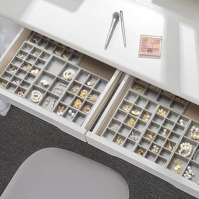 SPAKOWN Jewelry Organizer for Drawer Set of 9, Velvet Jewelry Tray Stackable Jewelry Organizer Display Trays Divided Earring Storage Containers (Grey)