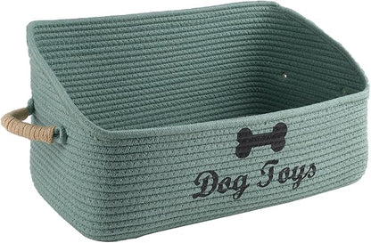 Dog Toy Basket-100% Cotton Rope Dog Toy Bin for Living Room Area-Trapezoid Pet Toys Box with Sturdy Handle-Puppy Bed-Dog Stuff Organizer for Toys,Collar,Leash,Blanket-Chew Proof -Green