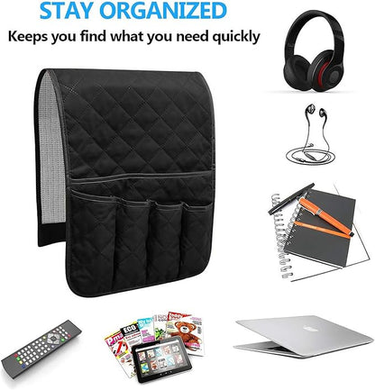 AUVCAS Sofa Armrest Organizer Non-Slip Arm Chair Bedside Caddy Storage Organizer for Recliner Couch with 5 Pockets for Cell Phone TV Remote Control Magazines (BLACK)