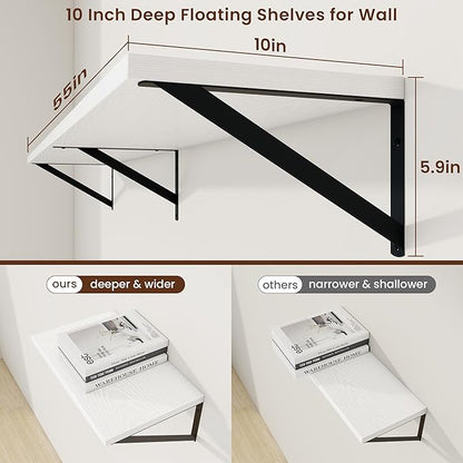 Axeman Deep Floating Shelves | 55 Inch White Wall Shelves Set of 2 | 10 Inch Deep Wood Floating Shelves for Wall | 55" W x 10" D White Shelves for Living Room Bathroom Kitchen
