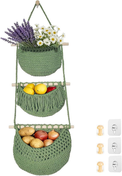 3 Tier Hanging Fruit Baskets for Kitchen, Boho Cotton Rope Handwoven Vegetable Hammock Produce Storage Wall Mounted Large Organizing Basket for Farmhouse Decor, Over The Door, Onion, Potato (Green)