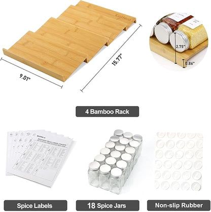 KitHero Spice Drawer Organizer with 18 Spice Jars,216 Labels,50 Non-slip Rubber, Bamboo 4 Tier Seasoning Rack Tray Insert for Kitchen Drawers,Cabinets,Countertop,9" Wide x 15.8" Deep
