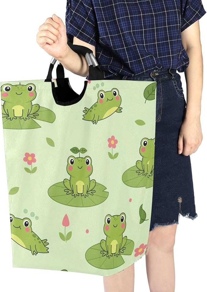 Laundry Hamper Basket Frog Leaves Green Storage Basket Collapsible Clothes Hamper with Handle Decorative Blanket Basket for Blanket Toys Bathroom Dorm College