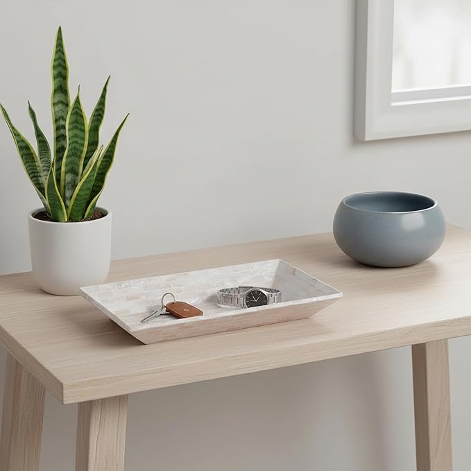 PEMAR 12"x7" Mother of Pearl Decorative Tray with Raised Edge for Coffee Table Perfume Living Room Kitchen Bathroom. Elegant Multipurpose Centerpiece Vanity, Fruit Display Serving Tray & Bowl