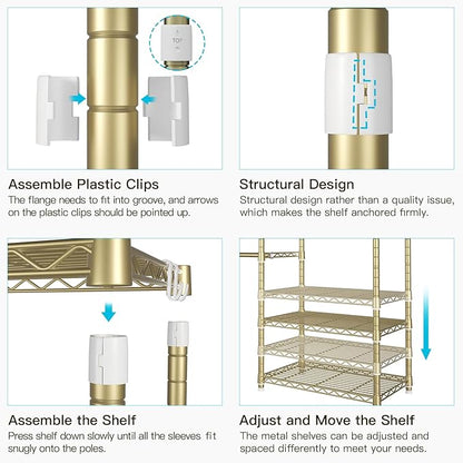 Ulif E1 Heavy Duty Closet Garment Rack, 6 Tiers Adjustable Metal Freestanding Expandable Clothing Storage with 4 Hanger Rods, Easy to Assemble Wardrobe, 71.4" H x (70" - 88.2") L x 14" D, Gold
