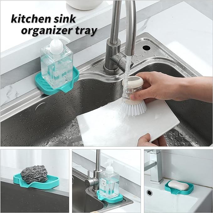 MicoYang Silicone Bathroom Soap Dishes with Drain Spout-Bathroom and Kitchen Sink Organizer,Sponge Holder,Dish Soap Tray,Perfect for Dispenser,Scrubber,Bottle,Cup on Sink or Counter-Mint 4.9"×3.2"
