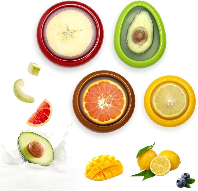 AWLGAK Avocado Saver and Onion Holder -Set of 4 Reusable Fruit and Veggie Savers for Fridge - BPA-Free, Prevent Flavor Mixing, Keep Fresh (Green, Brown, Red And Yellow)