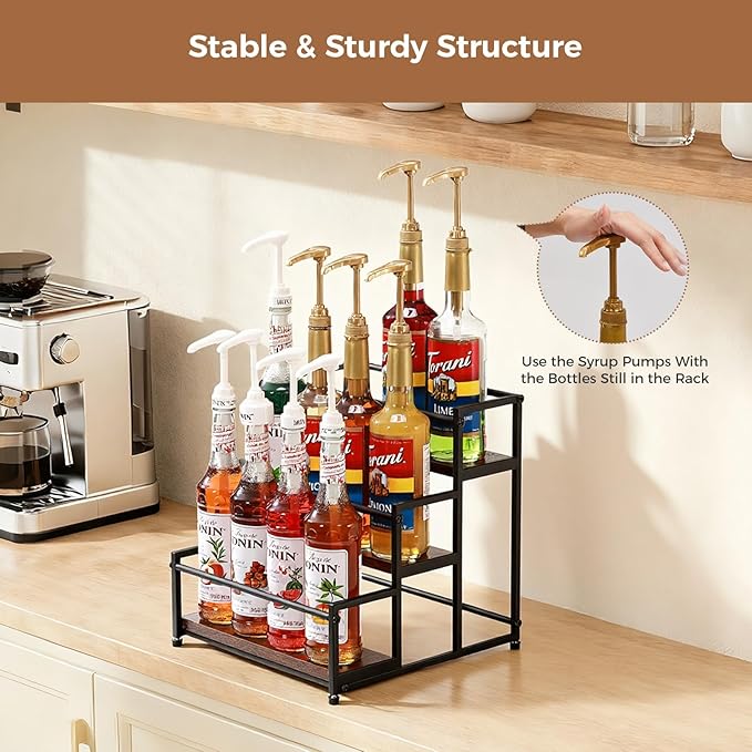 Coffee Syrup Rack Organizer, 3-Tier 12 Syrup Bottles Holder Stand for Coffee Bar, Liquor Bottle Display Shelf Bar Shelf Stand Countertop Rack for Syrup, Wine, Spice