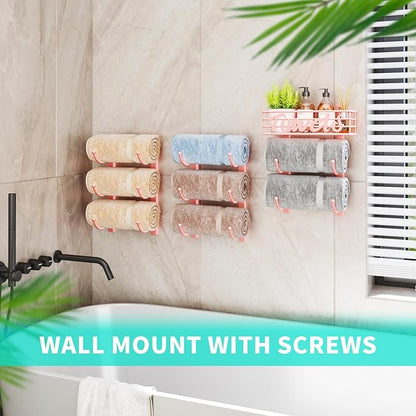 HapiRm Towel Racks for Bathroom Storage - 9 Tier Over The Door & Wall Mount Rolled Towel Storage Organizer Holder with Metal Shelf Basket for Small Bathroom, Camper, Rv - Pink, Patented