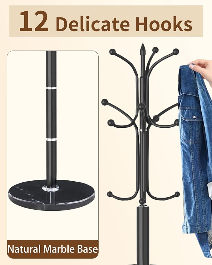 Modern Coat Rack Stand, Metal Freestanding Coat Rack with Natural Marble Base, Heavy-Duty Coat Racks with 12 Hooks,Black Coat Hanger Tree Stand for Office, Entryway, Hallway
