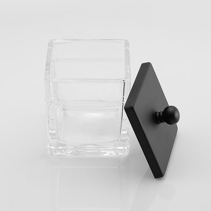 Indecor Home Glass Cotton Jar Holder 2 Pack– Matte Black Lid, Elegant Bathroom Storage Canister for Qtips, Cotton Balls, Floss, Makeup Organizer, Vanity & Bathroom Organization