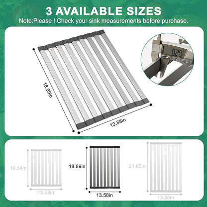 Hobychild 19" X 13" Roll Up Dish Drying Rack，Over The Sink Drying Rack 304 Stainless Steel Foldable Heat-Resistant Dishes Drainer for Kitchen and RV Sink Counter