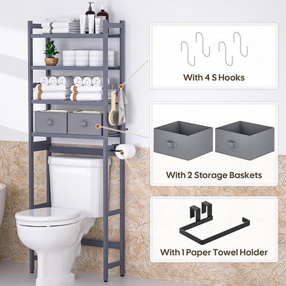 Cozivolife Over The Toilet Storage with 2 Baskets, 4-Tier Bamboo Organizer Rack with Paper Holder & 4 Hooks & Waterproof Feet Pad,Freestanding Shelf for Bathroom(Grey)