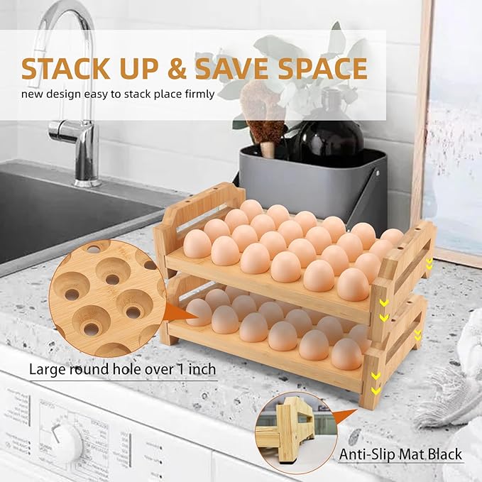 48 Egg Holder Countertop 2-Tier Stackable Bamboo Egg Tray with Anti-Slip Pads/Ventilation Design, Kitchen Counter Display Fresh Eggs Storage Organizer for Chicken/Duck/Turkey Eggs