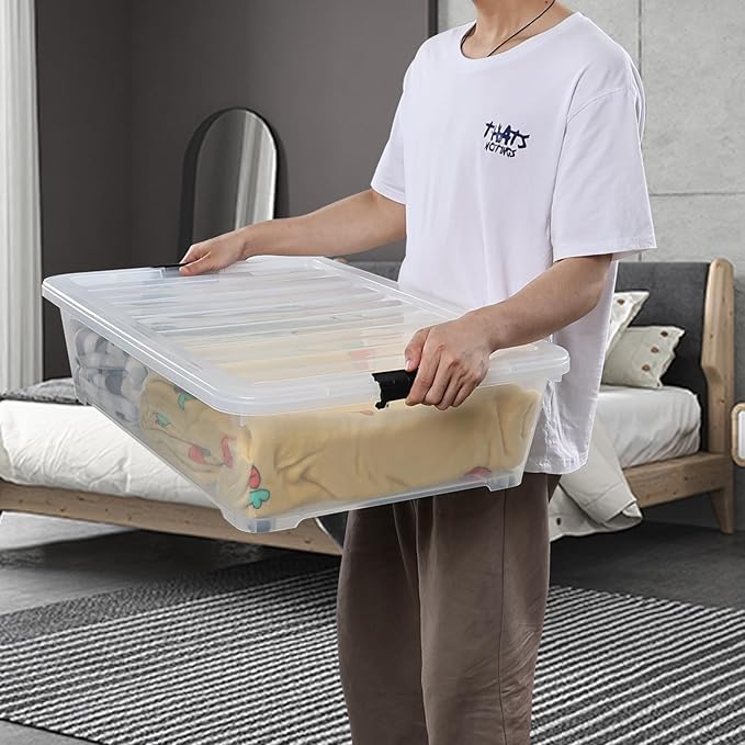 Yesdate 3-Pack 50 Quart Under the Bed Low Profile Storage Boxes, Large Under Bed Storage Bin with Easy Rolling Caster Wheels, Clear