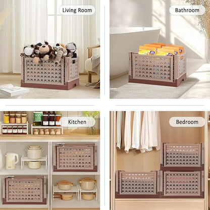 Stackable Plastic Closet Storage Basket, 2 Pack Foldable Closet Organizers and Storage Bins, Decorative Basket for Closet, Shelves, Laundry, Wardrobe Organizing (Khaki Coffee)