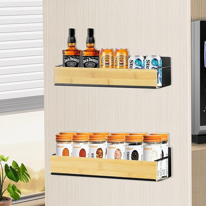 Kitchen Spice Rack Wood: 2 Packs Black Iron and Wooden Adhesive Wall Mount - 11.8" Large Hanging Storage Organizer Cabinet Without Drilling for Smooth Wall