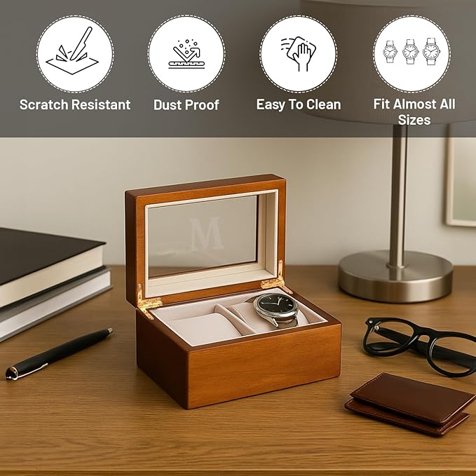 Bey-Berk Personalized Marquess 2-Slot Watch Box, Custom Glass-Top Solid Wood Watch Display Case with Velour-Lined Cushions, 6" x 4.5" x 3.25"