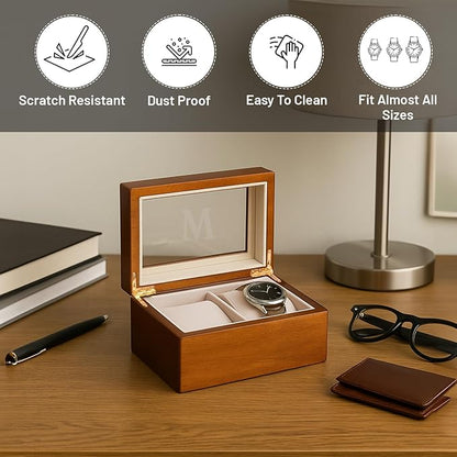 Bey-Berk Personalized Marquess 2-Slot Watch Box, Custom Glass-Top Solid Wood Watch Display Case with Velour-Lined Cushions, 6" x 4.5" x 3.25"