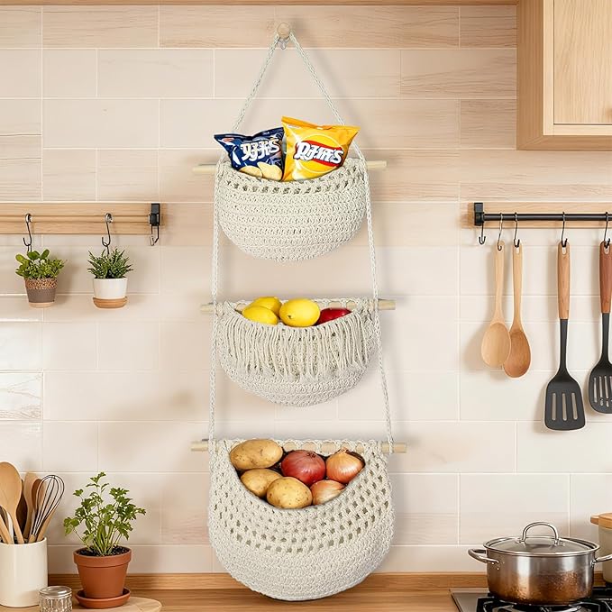 3 Tier Hanging Fruit Baskets for Kitchen, Boho Cotton Rope Handwoven Vegetable Hammock Produce Storage Wall Mounted Large Organizing Basket for Farmhouse Decor, Over The Door, Onion, Potato (White)
