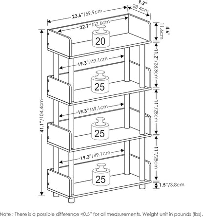 Furinno TURN-N-TUBE 4-Tier Display Shelf, Storage Shelves, Book Shelf, Open Shelves with Rounded Corner Top Edges, for Organization and Storage, Living Room, Home Office, Walnut
