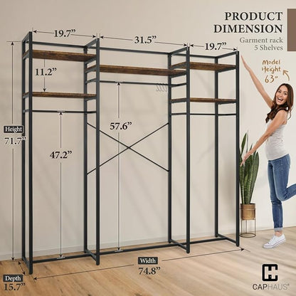 CAPHAUS 913lbs Capacity Garment Rack for Hanging Clothes, Heavy Duty Open Wardrobe w/Hanging Rods, Free Standing Closet Organizer, Clothing Rack, Metal Closet w/Wooden Boards, Rustic Oak Board